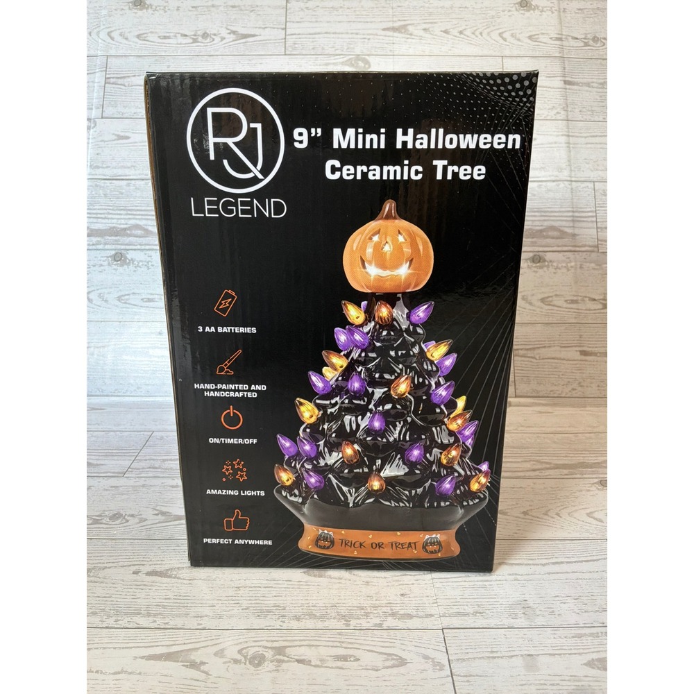 RJ Legend 9" Mini Halloween Ceramic Tree Lighted Pumpkin Spooky Decor NIB